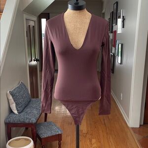 Zara Deep V-Neck Brown Bodysuit